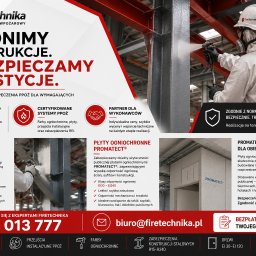 FireTechnika.pl Ekspert Przeciwpożarowy Bierne Zabezpieczenia PPOŻ - Specjalista w kombinezonie natryskuje ogniochronną farbę na stalową konstrukcję, obok widoczne są zamontowane płyty PROMATECT.