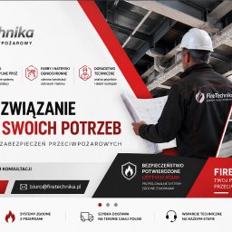 FireTechnika.pl Ekspert Przeciwpożarowy Bierne Zabezpieczenia PPOŻ - Grafika reklamowa FireTechnika: ekspert w kasku z planami na tle ognioodpornych konstrukcji, rur i kanałów wentylacyjnych. Prezentuje kompleksowe systemy zabezpieczeń przeciwpożarowych.