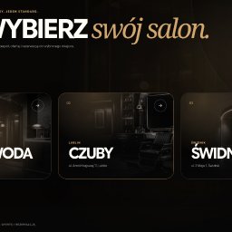 VoxelForge Sp. z o.o. - Zrzut ekranu strony internetowej z wyborem salonu Burdan Barber. Trzy karty prezentują lokalizacje (Ponikwoda, Czuby, Świdnik) z wnętrzami salonów na ciemnym tle.