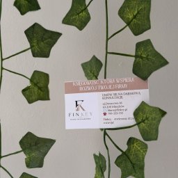 Biuro rachunkowe Finkey - Wizytówka biura rachunkowego Finkey z logo i danymi kontaktowymi, częściowo przysłonięta sztucznymi liśćmi bluszczu na jasnym tle, promująca darmową konsultację.