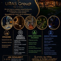 Uras Group - Grafika reklamowa URAS Group: logo, nowoczesny dom z ogrodem, okrągłe zdjęcia usług sprzątania, hydrauliki, pielęgnacji zieleni i spawania.