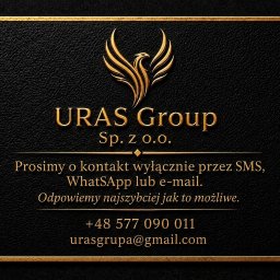 Uras Group - Czarna grafika z teksturą skóry i złotym obramowaniem. Centralnie złote logo feniksa, nazwa 'URAS Group Sp. z o.o.' oraz dane kontaktowe: telefon i e-mail.