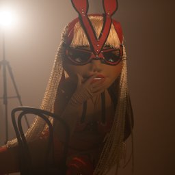 Nati Boom Party - Duża, stylizowana postać maskotki w czerwonej masce z uszami królika i blond warkoczami, siedząca na czarnym krześle, z dłonią przy ustach, w dramatycznym, zamglonym świetle.