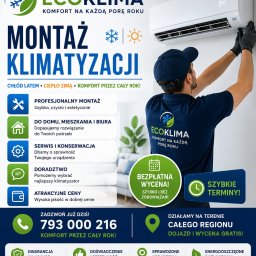 Magia drzwi - Technik w firmowym uniformie ECOKLIMA montuje białą klimatyzację ścienną, wyświetlającą 24°, na jasnej ścianie. Grafika promuje usługi montażu i serwisu klimatyzacji.