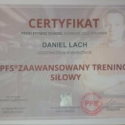 Daniel Lach - Certyfikat ukończenia kursu PFS® Zaawansowany Trening Siłowy przez Daniela Lacha, wydany przez ProFi Fitness School, z datą 15-16.06.2024 w Krakowie.