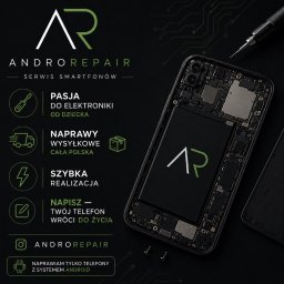 ANDROREPAIR - Rozebrany smartfon z widocznymi podzespołami i baterią z logo 'AR', obok precyzyjny śrubokręt. Tło z motywem płytki drukowanej. Reklama serwisu telefonów Android.
