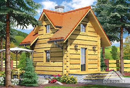 Wizualizacja domu z bali z pomarańczową dachówką, otoczonego zielenią i wysokimi sosnami, z widocznym fragmentem parasola ogrodowego