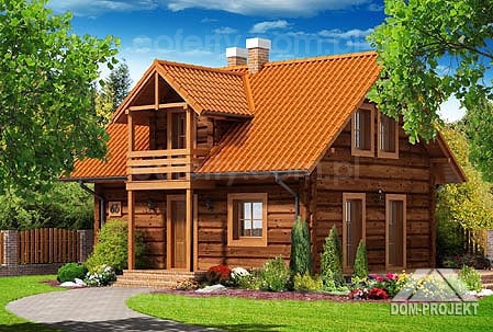 Wizualizacja zewnętrzna domu z bali z pomarańczową dachówką i małym balkonem, otoczona zielenią i ścieżką z kostki brukowej.