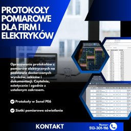 Denis Rychlik - Grafika promocyjna: laptop, tekst o protokołach pomiarowych dla firm, schematy instalacji, tabele wyników pomiarów oświetlenia i impedancji.