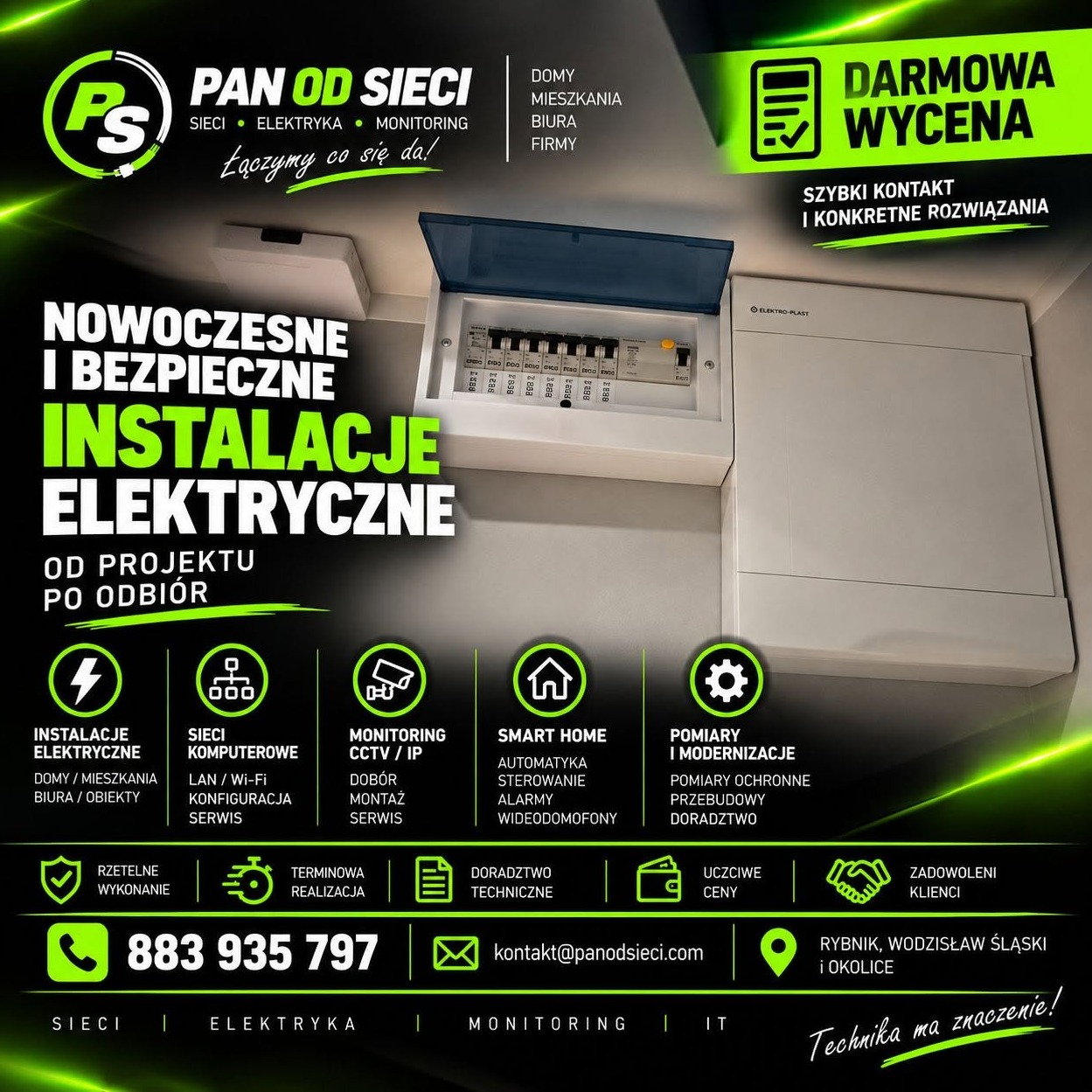 Nowoczesna rozdzielnica elektryczna z otwartą klapką, ukazująca szereg bezpieczników, zamontowana na białej ścianie z subtelnym zielonym podświetleniem.