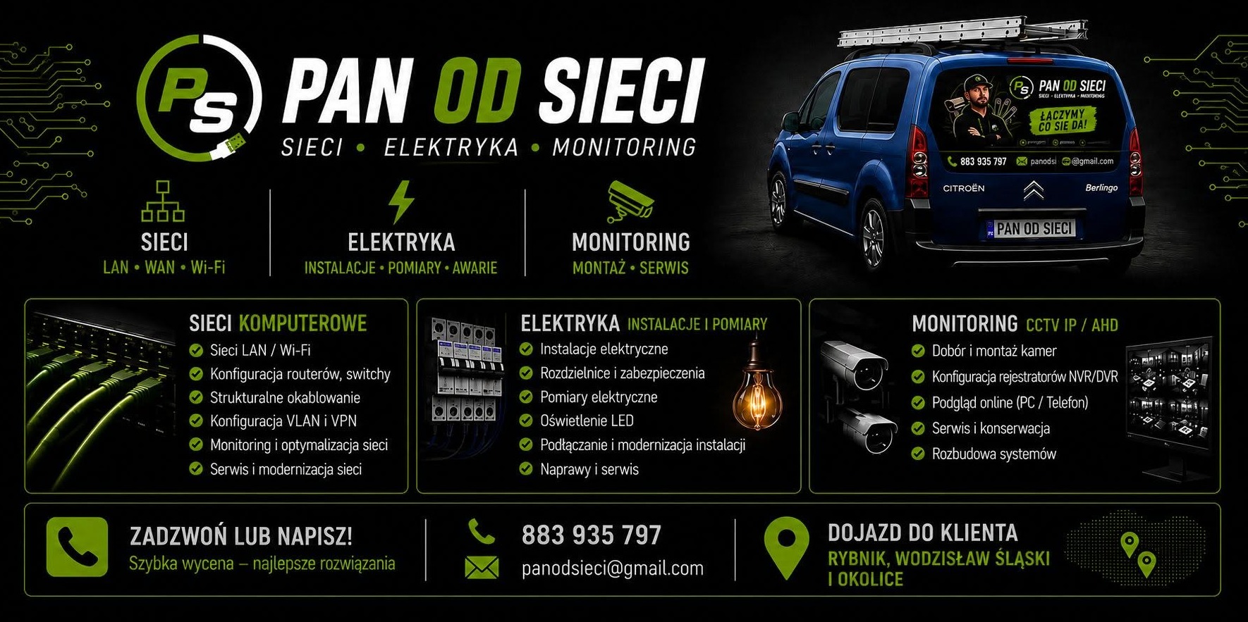 Grafika reklamowa 'Pan od Sieci' z logo, niebieskim vanem, wizualizacjami sieci komputerowych, rozdzielnicy elektrycznej, żarówki i kamer monitoringu.