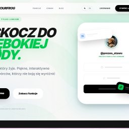 Jakub Hyziak IT - Interfejs strony LinkYourFrog promującej bio-linki, z nagłówkiem 'Wskocz do głębokiej wody' i przykładem mobilnego profilu @prezes_stawu. Dominują biel i zielone akcenty.