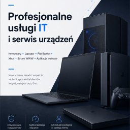 ZarembaTECH - Czarny laptop, komputer stacjonarny z niebieskim podświetleniem i konsola PlayStation z kontrolerem, na tle reklamy ZarembaTECH promującej profesjonalne usługi IT i serwis urządzeń.