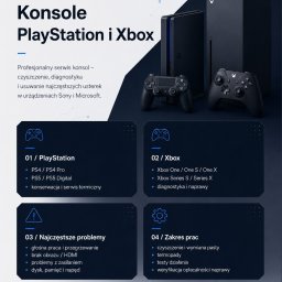 ZarembaTECH - Reklama serwisu ZarembaTECH z konsolami PlayStation 5, Xbox Series X i kontrolerami, oferująca profesjonalną diagnostykę, czyszczenie i naprawę usterek PS4/PS5 oraz Xbox.