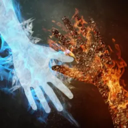Dwie dłonie: jedna w płomieniach i druga z efektem lodu, zbliżające się do siebie na ciemnym tle.