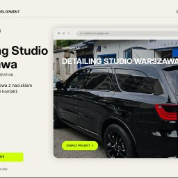 Chojnacki Bartosz - Prezentacja projektu koncepcyjnego responsywnej strony internetowej dla Detailing Studio Warszawa, z mock-upem przeglądarki ukazującym czarnego SUV-a Dodge Durango na tle warsztatu.