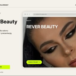 Chojnacki Bartosz - Koncepcyjny projekt strony internetowej dla salonu beauty 'REVER Beauty', prezentowany w oknie przeglądarki, z bliskim ujęciem oka kobiety w wyrazistym makijażu.