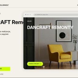 Chojnacki Bartosz - Koncepcyjny projekt responsywnej strony internetowej dla firmy remontowej 'DANCRAFT REMONTY', widoczny w oknie przeglądarki, z minimalistycznym wnętrzem i żółtym fotelem.
