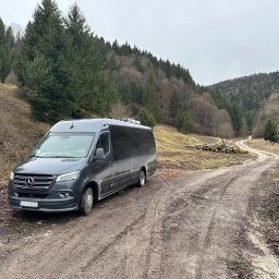 BUSEM- przewóz osób - Ciemnoszary Mercedes-Benz Sprinter z przyciemnianymi szybami, zaparkowany na błotnistej drodze gruntowej w pagórkowatym lesie z iglastymi i nagimi drzewami liściastymi.