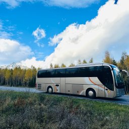 BUSEM- przewóz osób - Beżowo-czarny autokar turystyczny z pomarańczowymi akcentami, zaparkowany na poboczu drogi. W tle jesienny las i ośnieżone góry pod błękitnym niebem.