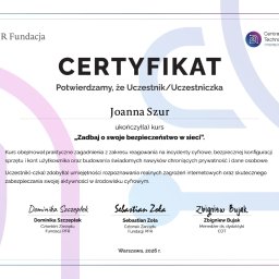 Aisa Design - Oficjalny certyfikat ukończenia kursu 'Zadbaj o swoje bezpieczeństwo w sieci' przez Joannę Szur, wydany w 2026 roku przez PFR Fundację i Centralny Dom Technologii.
