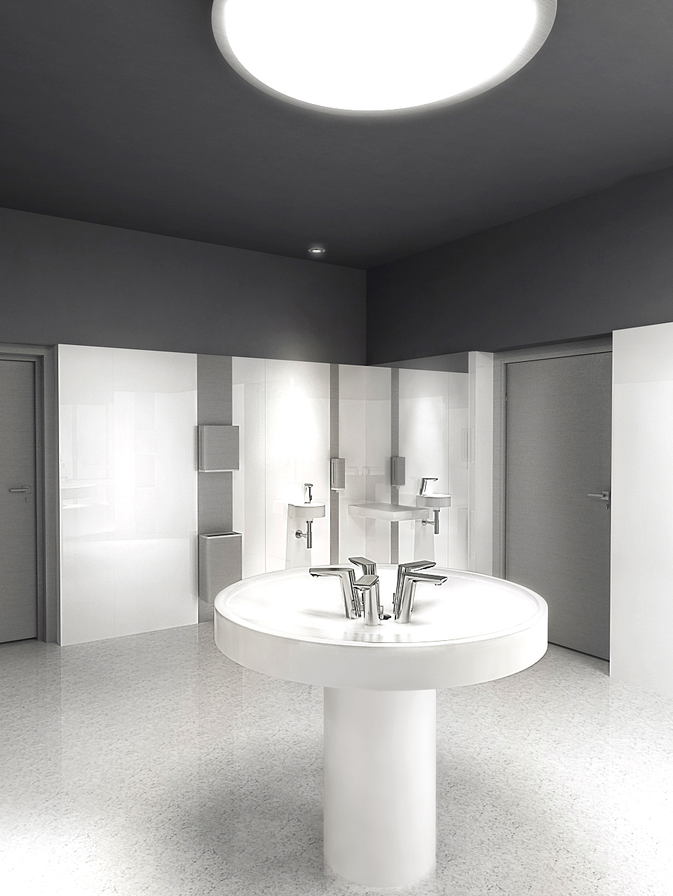 Wizualizacja nowoczesnej łazienki w odcieniach szarości i bieli, z okrągłą umywalką na postumencie i minimalistycznymi bateriami, oświetlona okrągłym panelem LED.