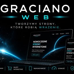 GRACIANO WEB - Laptop i smartfon z interfejsem strony 'GRACIANO WEB' na tle kosmosu, podkreślające nowoczesne, responsywne strony i sklepy internetowe.