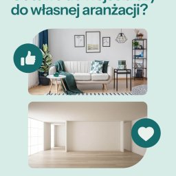 Bartłomiej Sokołowski pośrednictwo w obrocie nieruchomościami - Dwa wnętrza: urządzony salon z beżową sofą i zielonymi akcentami oraz puste pomieszczenie z drewnianą podłogą, prezentujące możliwości aranżacji nieruchomości.