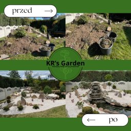 KR's Garden - Metamorfoza ogrodu: od zaniedbanego terenu z ziemią do eleganckiego krajobrazu z białymi kamieniami, roślinami, stawem i kaskadowym wodospadem.