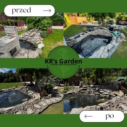 KR's Garden - Cztery ujęcia 'przed i po' ukazujące budowę i finalny efekt oczka wodnego z kaskadą, otoczonego starannie ułożonymi kamieniami i bujną zielenią w ogrodzie.