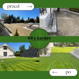 KR's Garden - Transformacja ogrodu: od suchego, przygotowanego terenu z widocznymi fundamentami do bujnego, zielonego trawnika z pasami koszenia, nowoczesnym domem i panelami słonecznymi.