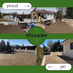 KR's Garden - Transformacja ogrodu: mini-ładowarka Bobcat niweluje teren przed domem, a następnie widoczny jest gotowy, wyrównany trawnik z nowo ułożoną trawą przy ogrodzeniu.