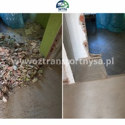 WTN WywózTransportNysa - Porównanie: po lewej stos gruzu budowlanego z cegieł i tynku w pomieszczeniu, po prawej czysta, przygotowana posadzka z wylewką i ciemnymi płytkami.