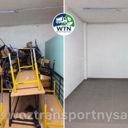 WTN WywózTransportNysa - Przed i po: pomieszczenie magazynowe wypełnione starymi szkolnymi ławkami i krzesłami, obok to samo pomieszczenie puste i czyste po usunięciu wyposażenia.