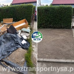 WTN WywózTransportNysa - Przed i po: usunięte gruz, stare meble i odpady budowlane z terenu obok żywopłotu, który został wyrównany, obsadzony krawężnikami i przygotowany pod dalsze prace.