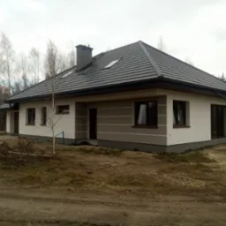 Parterowy dom z szarą dachówką, widok z boku, obok drzewa bez liści, teren wokół domu jeszcze niezagospodarowany.