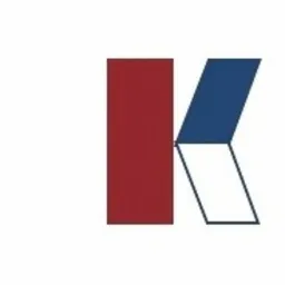 Logo w kształcie litery K, z czerwoną pionową częścią i niebiesko-białą ukośną częścią, symbolizujące edukację lub usługi językowe.