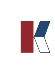 Logo w kształcie litery K, z czerwoną pionową częścią i niebiesko-białą ukośną częścią, symbolizujące edukację lub usługi językowe.