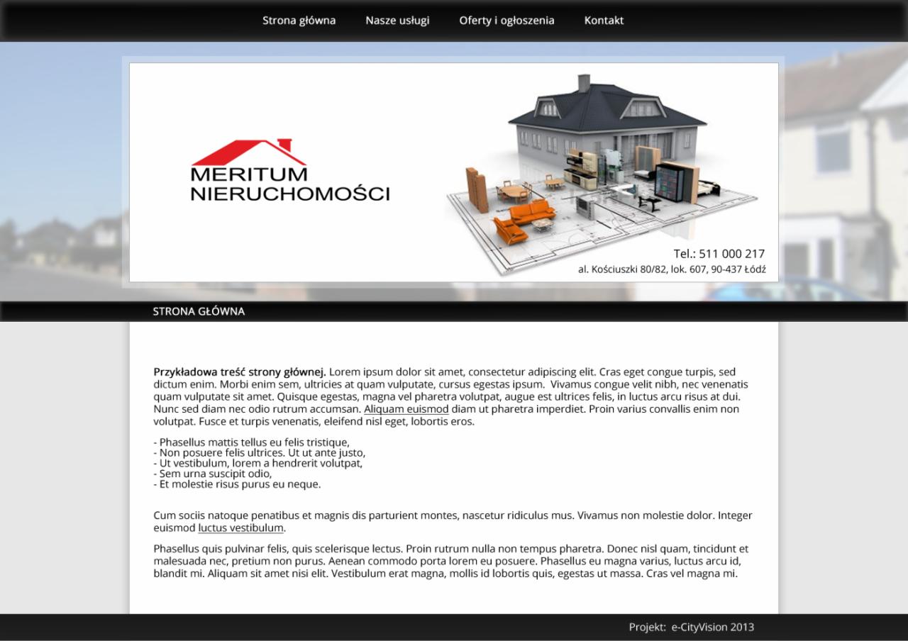 Strona internetowa firmy z branży nieruchomości z logo i wizualizacją 3D budynku z wnętrzem na planie architektonicznym.