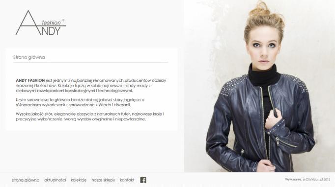 Fragment strony internetowej z wizerunkiem kobiety w skórzanej kurtce marki Andy Fashion, prezentującej ubrania skórzane i kożuchy.