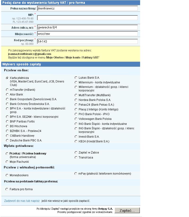 Formularz danych do wystawienia faktury VAT lub pro forma na stronie Oferteo.pl, z polami do wpisania nazwy firmy, NIP-u, adresu i kodu pocztowego oraz opcjami wyboru sposobu zapłaty online...