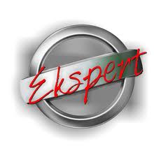 Okrągła, srebrna pieczęć z napisem 'Ekspert' napisanym czerwoną, kursywą czcionką, nałożonym na białą wstęgę.