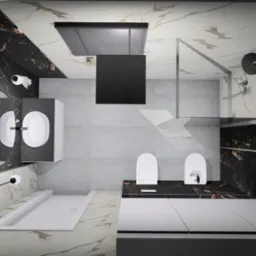 Wizualizacja łazienki z czarno-złotymi płytkami imitującymi marmur, białą armaturą i szarą podłogą, widok z góry.