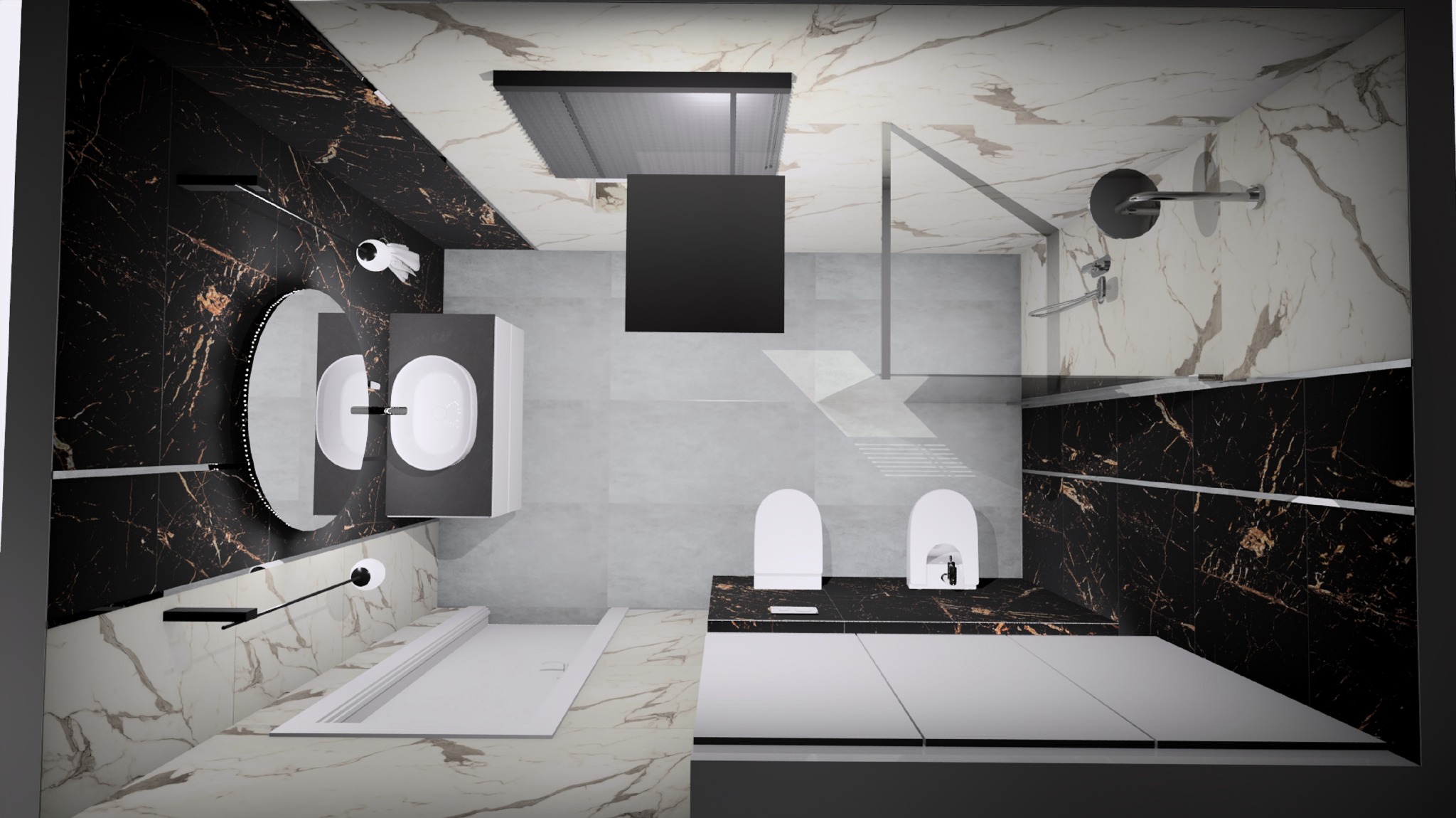 Wizualizacja łazienki z czarno-złotymi płytkami imitującymi marmur, białą armaturą i szarą podłogą, widok z góry.
