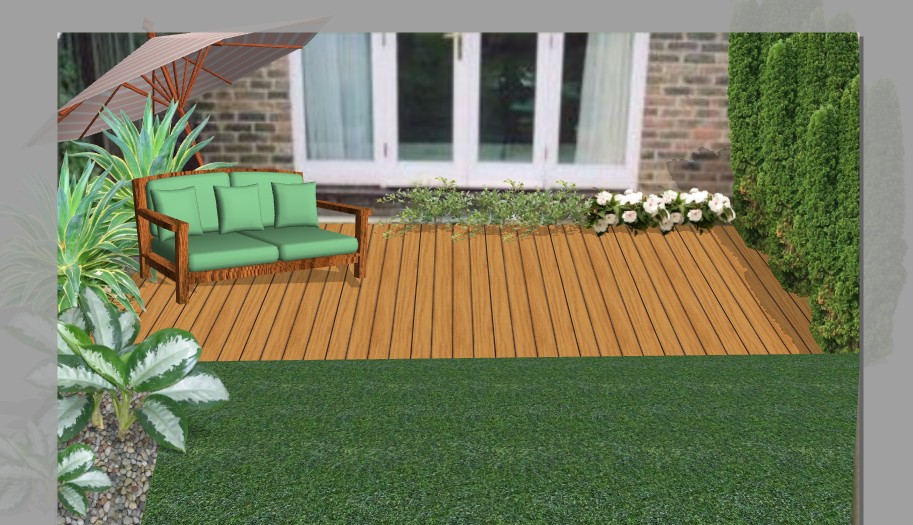 Wizualizacja tarasu z desek kompozytowych, zielonego trawnika, sofy ogrodowej pod parasolem i roślinności ozdobnej, na tle elewacji budynku.