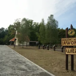 Ułożona kostka granitowa tworząca ścieżkę w Nadleśnictwie Jawor, otoczenie leśne, drewniane ogrodzenie i tablica powitalna. W tle budynek z czerwonym dachem.