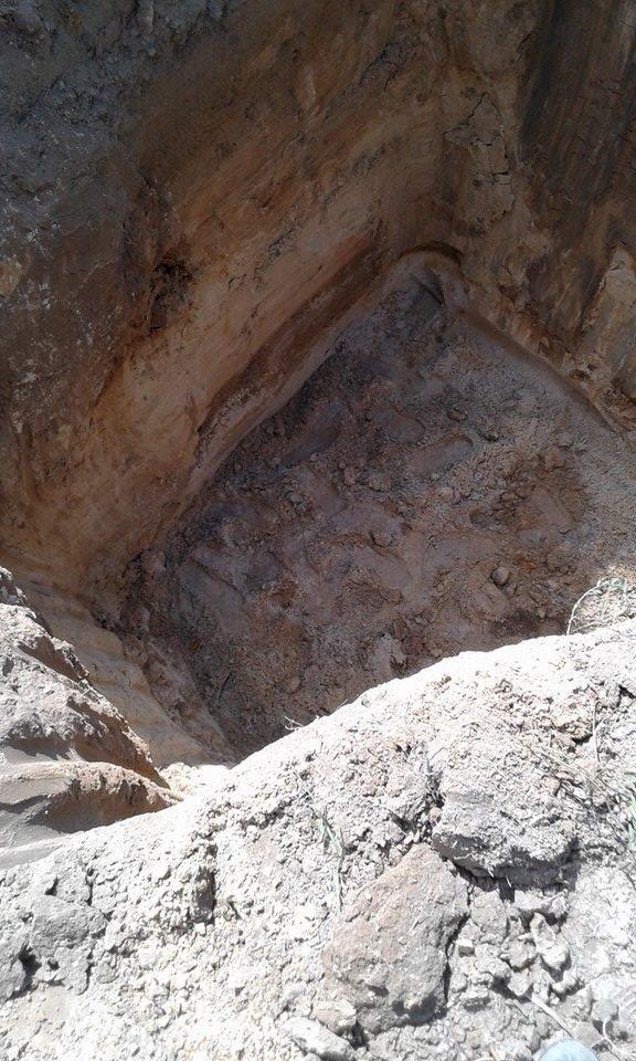 Wykop w ziemi z widocznymi śladami po maszynie budowlanej na ścianach, z góry widoczna krawędź wykopu z gruzem i roślinnością.