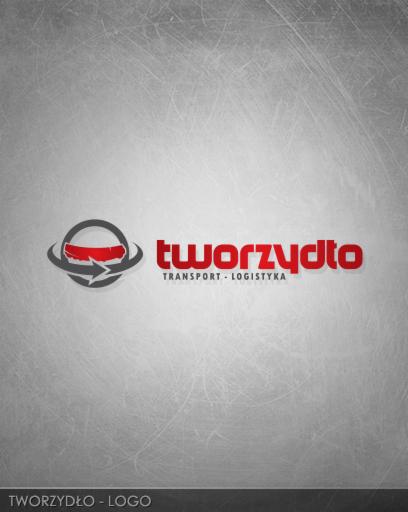 Logo firmy transportowo-logistycznej 'Tworzydło' z czerwonym napisem i symbolem koła z strzałką na szarym, lekko porysowanym tle.