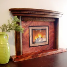 Dekoracyjny, drewniany portal kominkowy w miniaturze z płomieniami ognia za szybą, obok w wazonie gałązka świerku.
