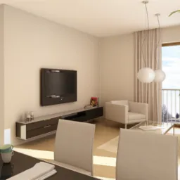 Wizualizacja salonu z nowoczesnym wyposażeniem: stolik kawowy ze szklanym blatem, białe fotele, podwieszane lampy kuliste, telewizor na ścianie i minimalistyczna szafka RTV.